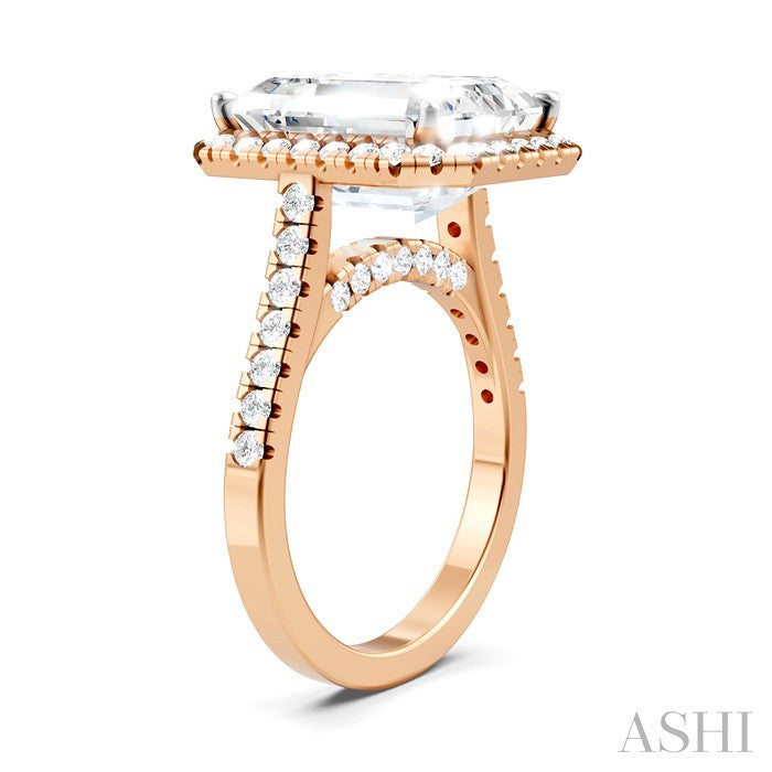 3/4 Ctw Emerald Shape Round Cut Diamond Halo Semi-Mount Engagement Ring in 14K Rose Gold