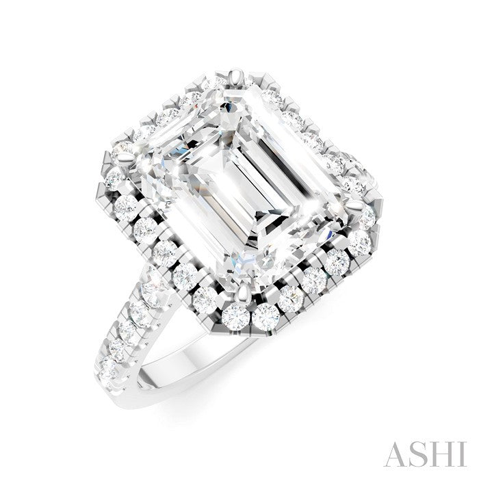3/4 Ctw Emerald Shape Round Cut Diamond Halo Semi-Mount Engagement Ring in 14K White Gold