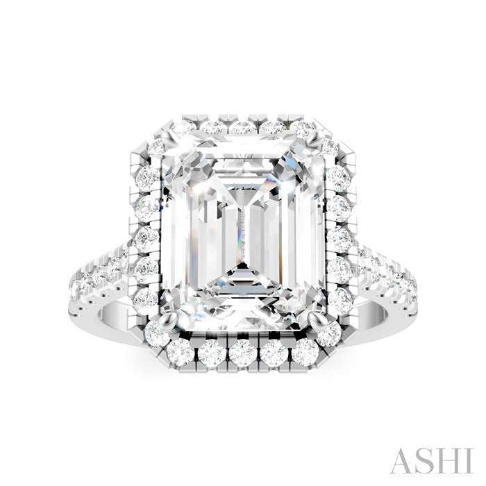 3/4 Ctw Emerald Shape Round Cut Diamond Halo Semi-Mount Engagement Ring in 14K White Gold