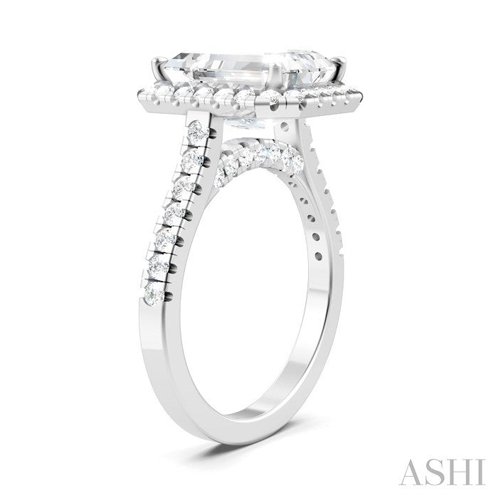 3/4 Ctw Emerald Shape Round Cut Diamond Halo Semi-Mount Engagement Ring in 14K White Gold