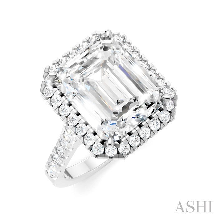 3/4 Ctw Emerald Shape Round Cut Diamond Halo Semi-Mount Engagement Ring in 14K White Gold