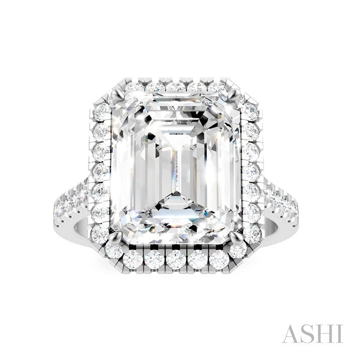 3/4 Ctw Emerald Shape Round Cut Diamond Halo Semi-Mount Engagement Ring in 14K White Gold