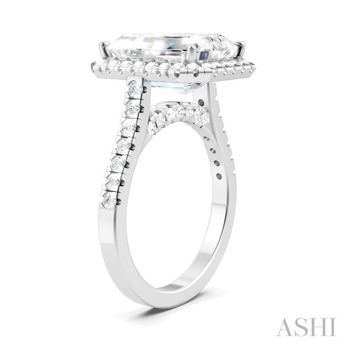 3/4 Ctw Emerald Shape Round Cut Diamond Halo Semi-Mount Engagement Ring in 14K White Gold