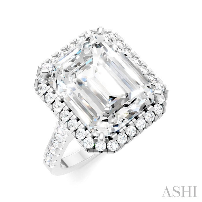 3/4 Ctw Emerald Shape Round Cut Diamond Halo Semi-Mount Engagement Ring in 14K White Gold