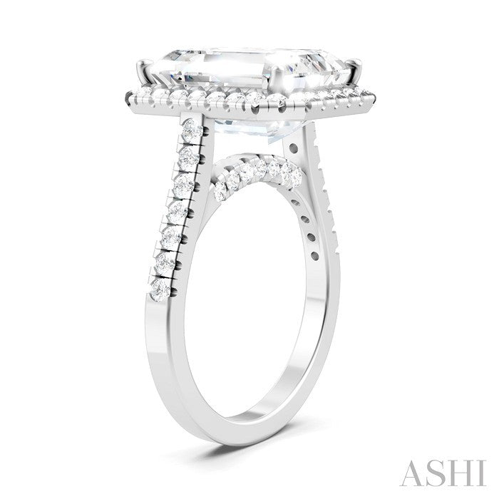3/4 Ctw Emerald Shape Round Cut Diamond Halo Semi-Mount Engagement Ring in 14K White Gold