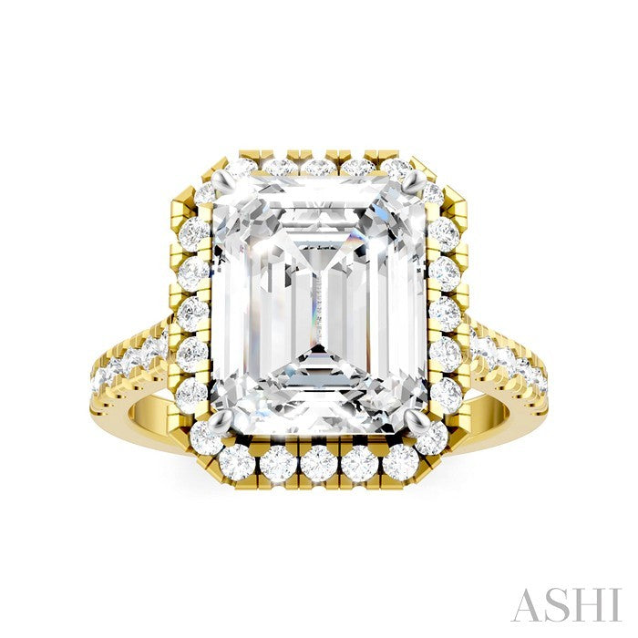 3/4 Ctw Emerald Shape Round Cut Diamond Halo Semi-Mount Engagement Ring in 14K Yellow Gold