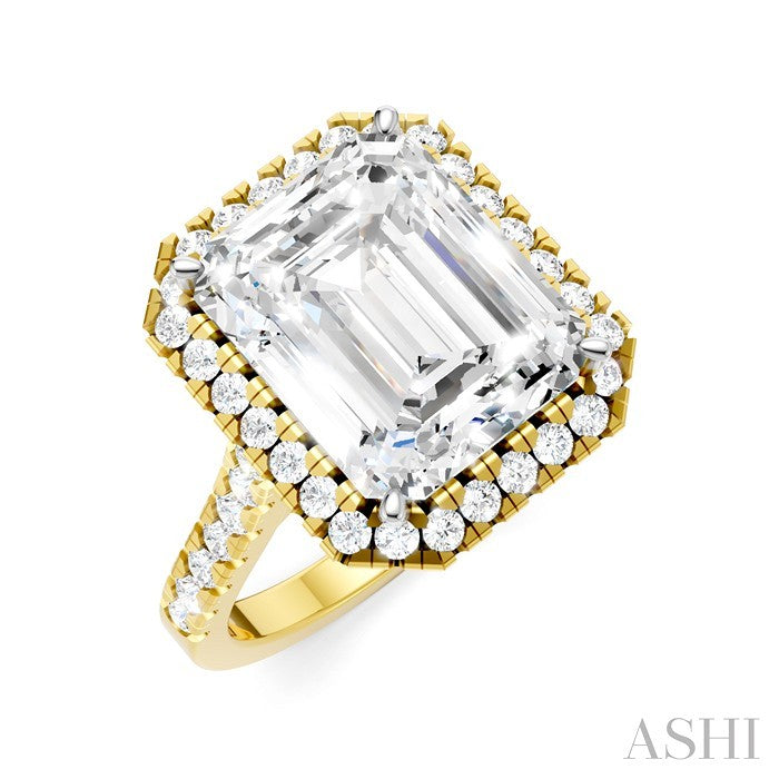 3/4 Ctw Emerald Shape Round Cut Diamond Halo Semi-Mount Engagement Ring in 14K Yellow Gold