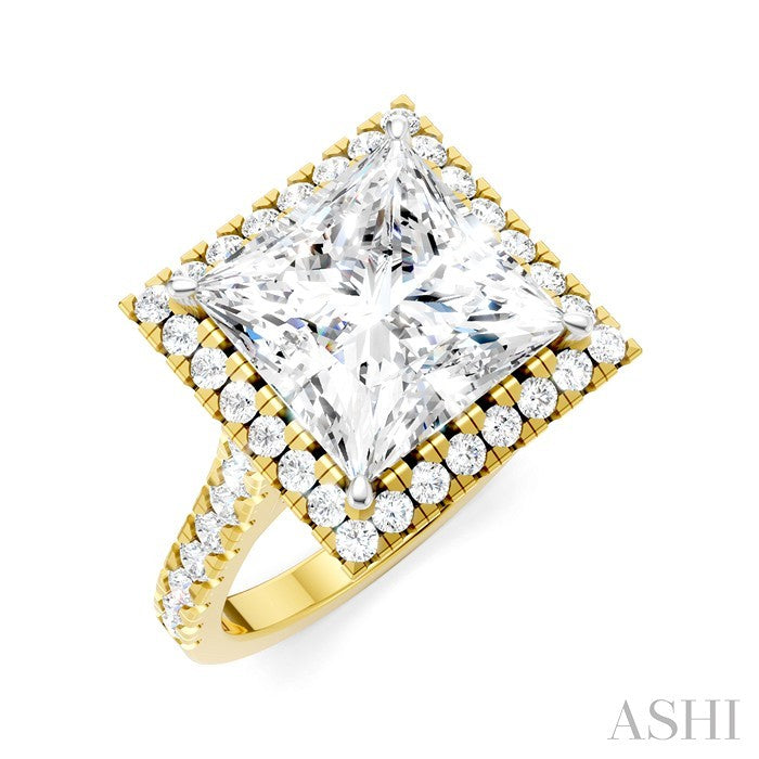 3/4 Ctw Princess Shape Round Cut Diamond Halo Semi-Mount Engagement Ring in 14K Yellow Gold