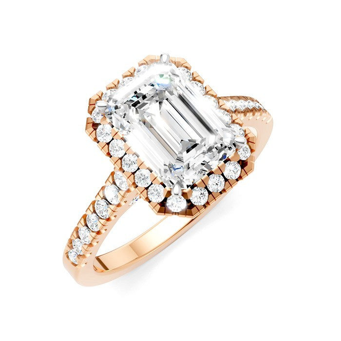 1/2 Ctw Emerald Shape Round Cut Diamond Halo Semi-Mount Engagement Ring in 14K Rose Gold