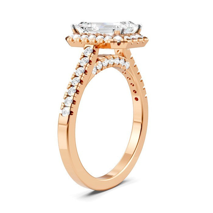 1/2 Ctw Emerald Shape Round Cut Diamond Halo Semi-Mount Engagement Ring in 14K Rose Gold
