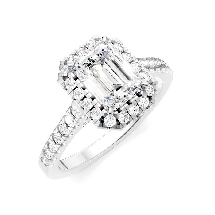 1/2 Ctw Emerald Shape Round Cut Diamond Halo Semi-Mount Engagement Ring in 14K White Gold