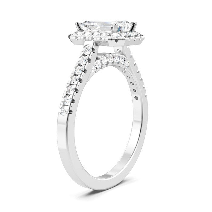 1/2 Ctw Emerald Shape Round Cut Diamond Halo Semi-Mount Engagement Ring in 14K White Gold