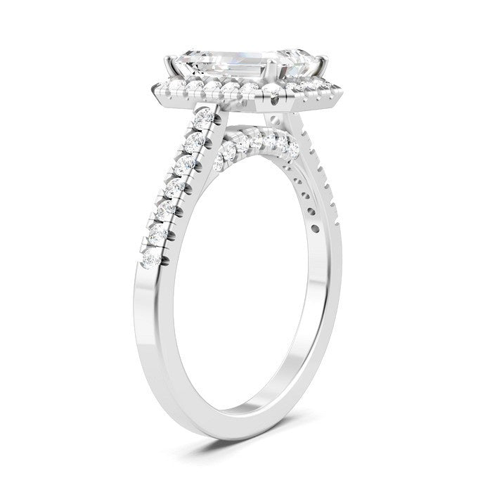 1/2 Ctw Emerald Shape Round Cut Diamond Halo Semi-Mount Engagement Ring in 14K White Gold
