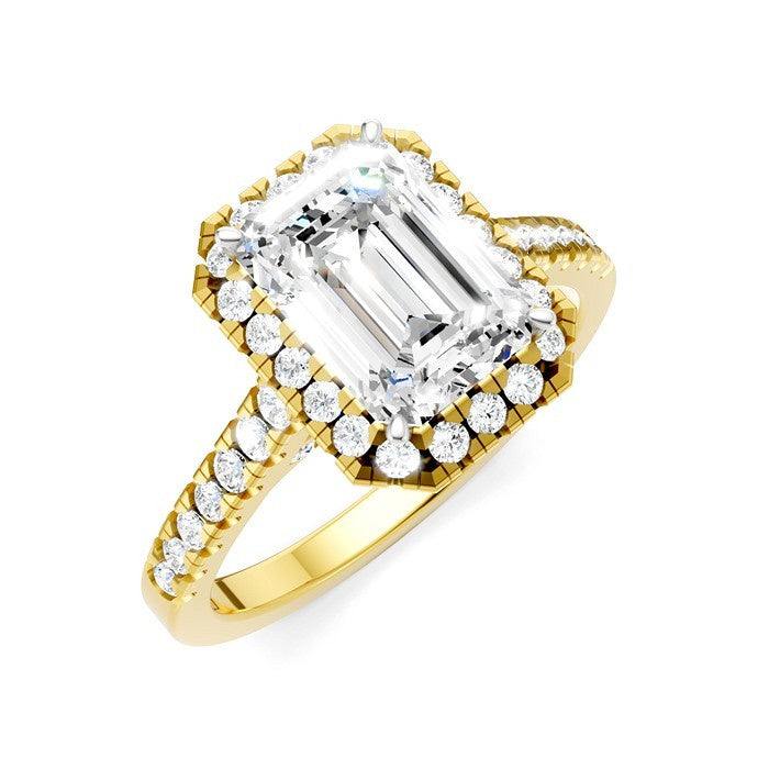 1/2 Ctw Emerald Shape Round Cut Diamond Halo Semi-Mount Engagement Ring in 14K Yellow Gold