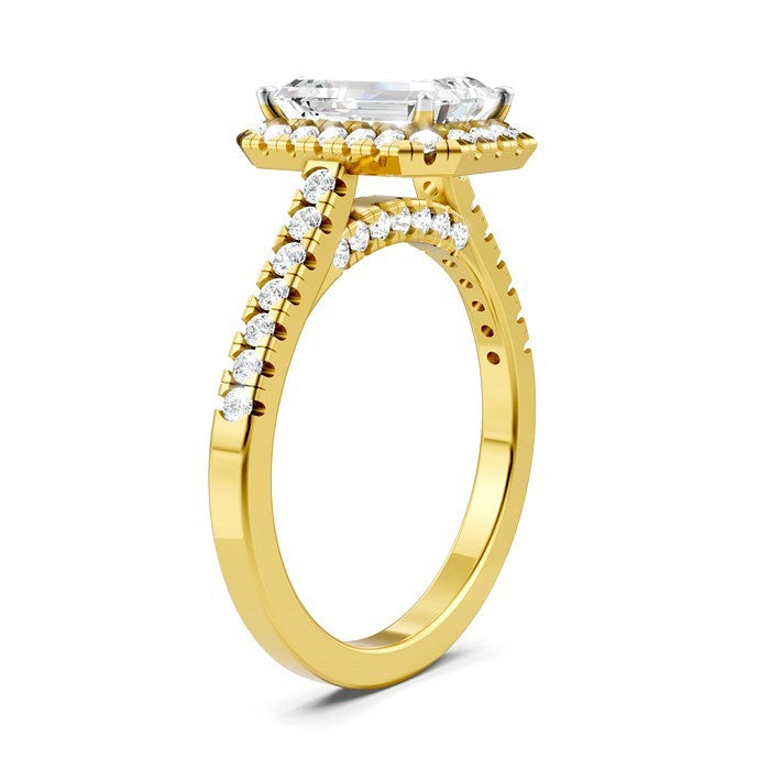 1/2 Ctw Emerald Shape Round Cut Diamond Halo Semi-Mount Engagement Ring in 14K Yellow Gold