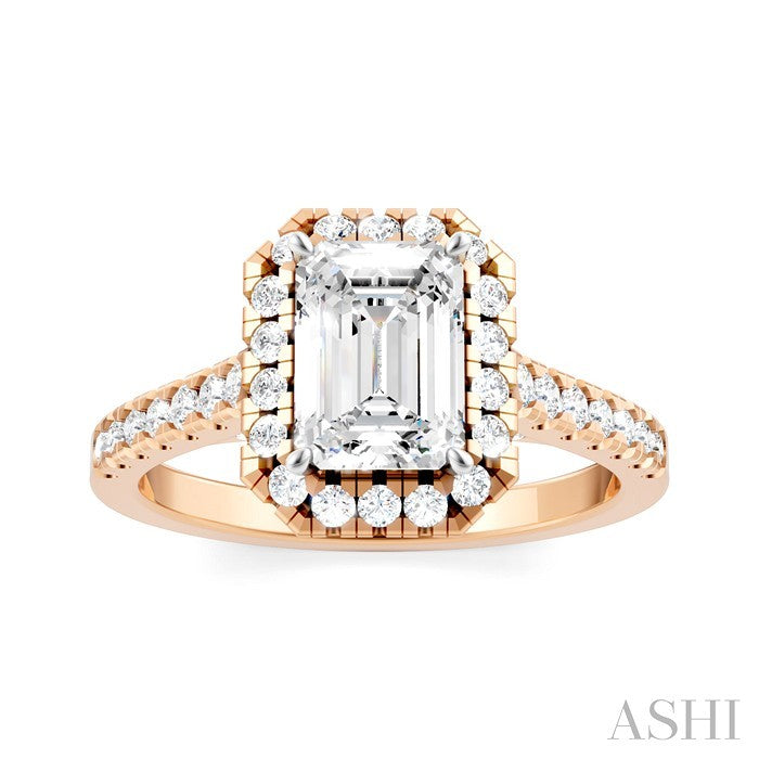 1/2 Ctw Emerald Shape Round Cut Diamond Halo Semi-Mount Engagement Ring in 14K Rose Gold