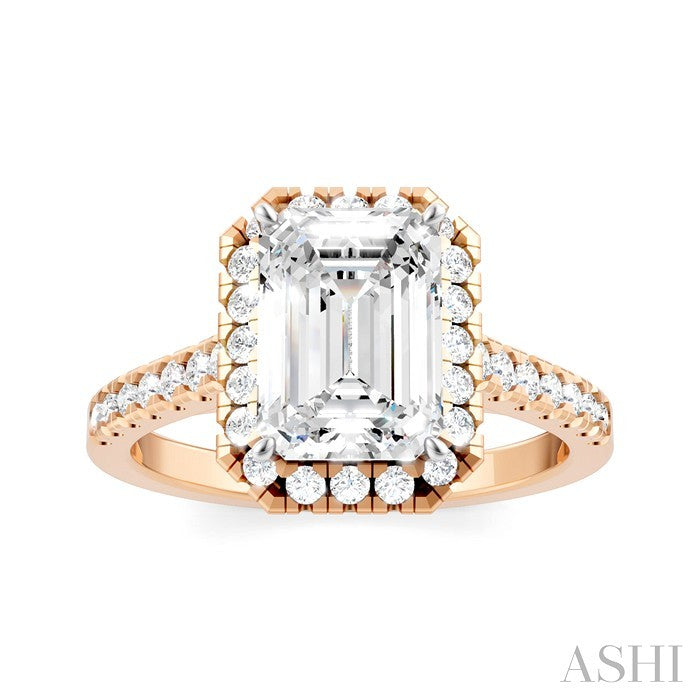 1/2 Ctw Emerald Shape Round Cut Diamond Halo Semi-Mount Engagement Ring in 14K Rose Gold