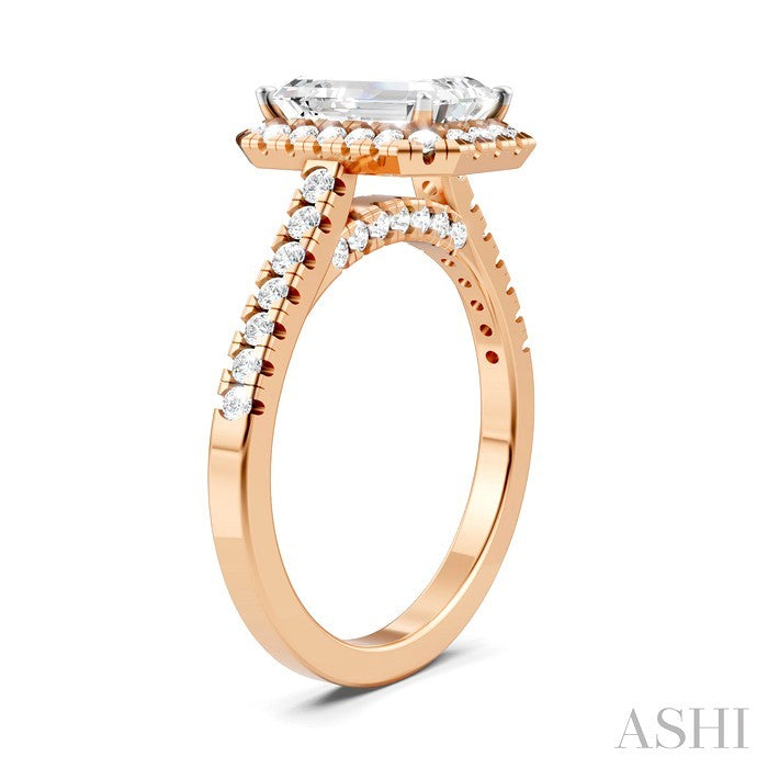 1/2 Ctw Emerald Shape Round Cut Diamond Halo Semi-Mount Engagement Ring in 14K Rose Gold