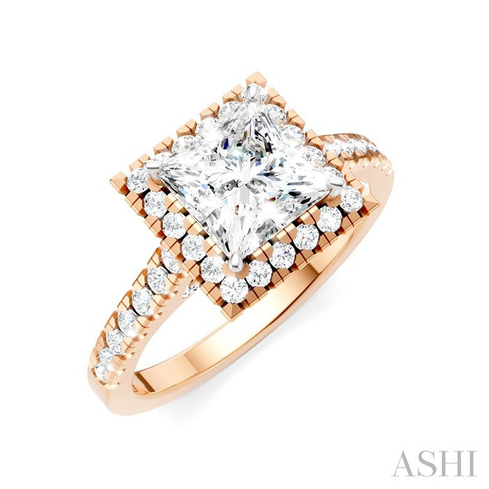 1/2 Ctw Princess Shape Round Cut Diamond Halo Semi-Mount Engagement Ring in 14K Rose Gold