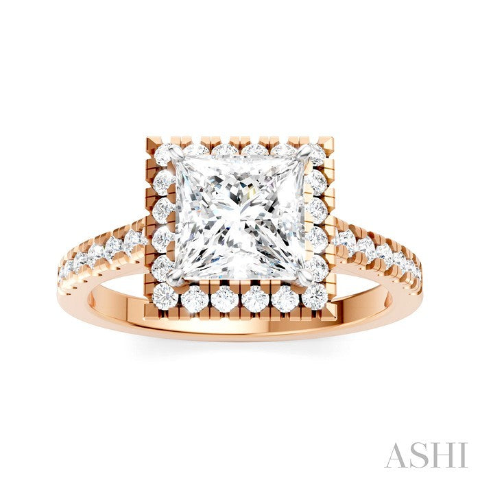 1/2 Ctw Princess Shape Round Cut Diamond Halo Semi-Mount Engagement Ring in 14K Rose Gold