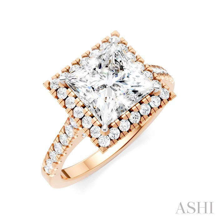 1/2 Ctw Princess Shape Round Cut Diamond Halo Semi-Mount Engagement Ring in 14K Rose Gold