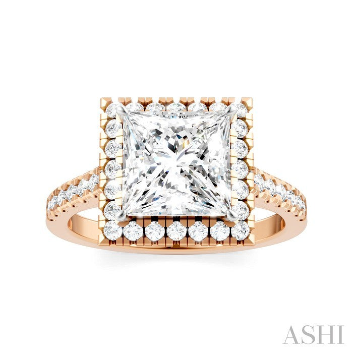 1/2 Ctw Princess Shape Round Cut Diamond Halo Semi-Mount Engagement Ring in 14K Rose Gold