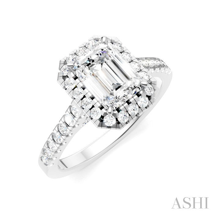 1/2 Ctw Emerald Shape Round Cut Diamond Halo Semi-Mount Engagement Ring in 14K White Gold