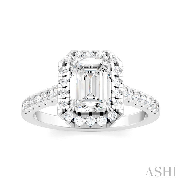 1/2 Ctw Emerald Shape Round Cut Diamond Halo Semi-Mount Engagement Ring in 14K White Gold