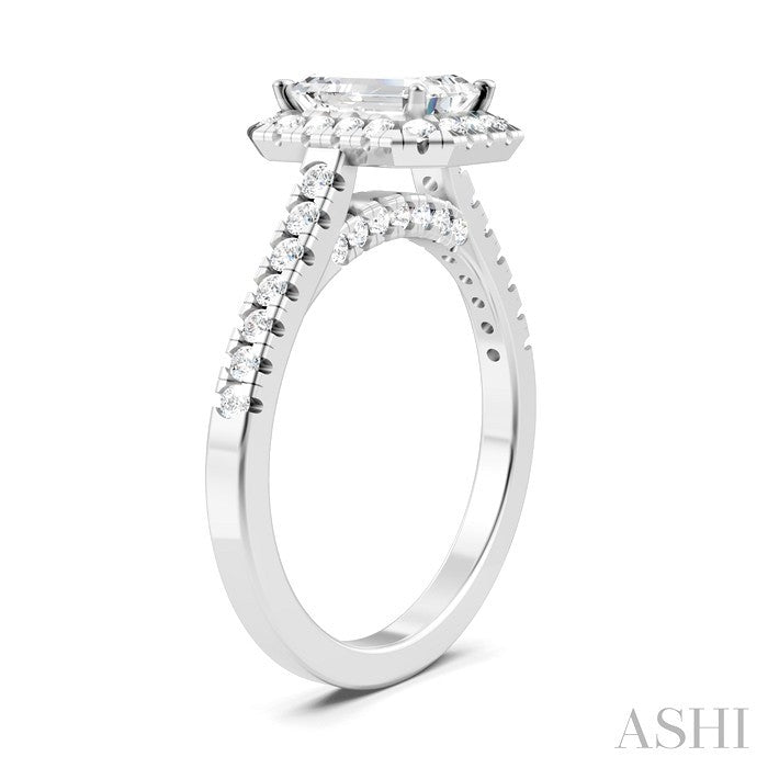 1/2 Ctw Emerald Shape Round Cut Diamond Halo Semi-Mount Engagement Ring in 14K White Gold
