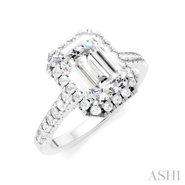 1/2 Ctw Emerald Shape Round Cut Diamond Halo Semi-Mount Engagement Ring in 14K White Gold