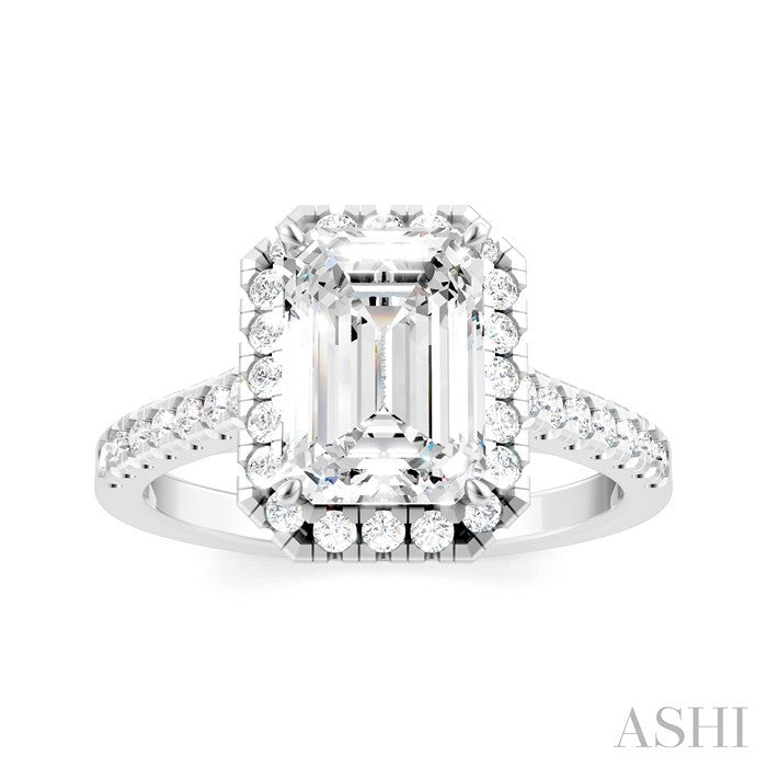 1/2 Ctw Emerald Shape Round Cut Diamond Halo Semi-Mount Engagement Ring in 14K White Gold