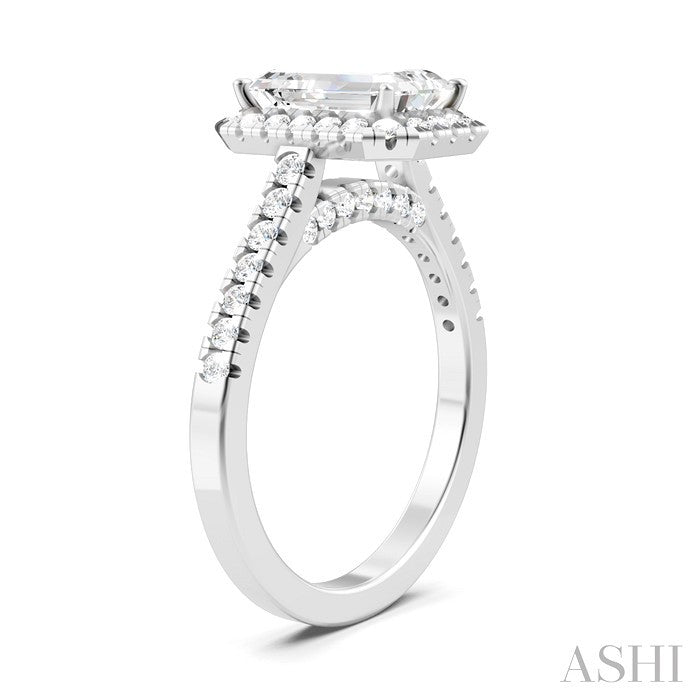 1/2 Ctw Emerald Shape Round Cut Diamond Halo Semi-Mount Engagement Ring in 14K White Gold