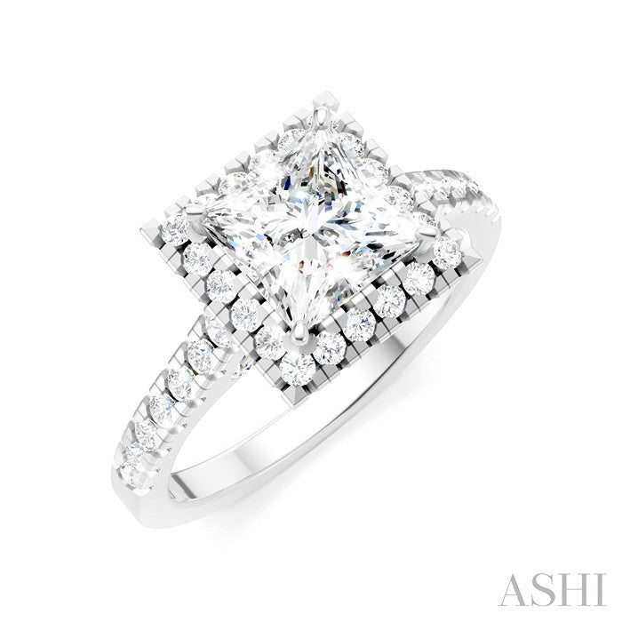 1/2 Ctw Princess Shape Round Cut Diamond Halo Semi-Mount Engagement Ring in 14K White Gold