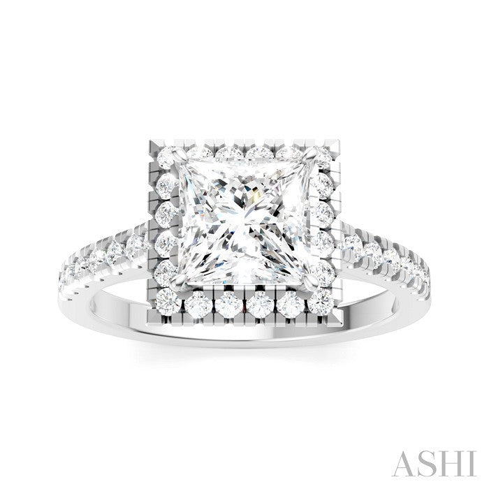1/2 Ctw Princess Shape Round Cut Diamond Halo Semi-Mount Engagement Ring in 14K White Gold