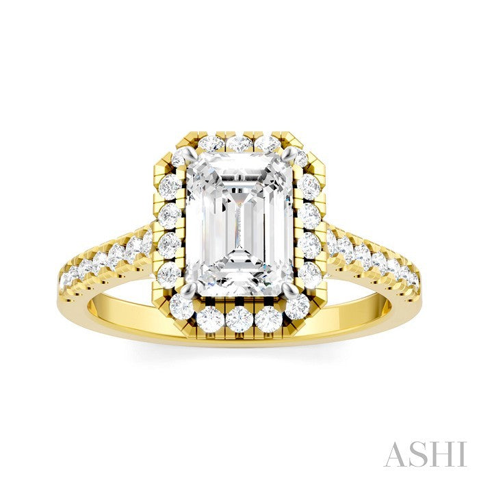 1/2 Ctw Emerald Shape Round Cut Diamond Halo Semi-Mount Engagement Ring in 14K Yellow Gold