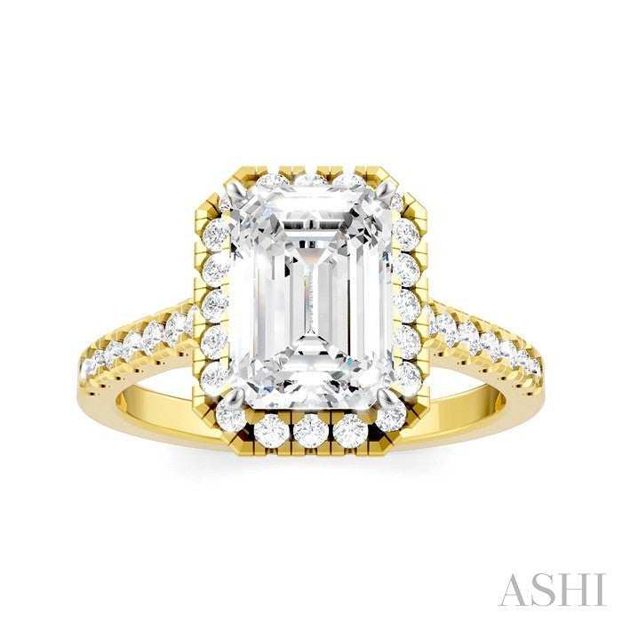 1/2 Ctw Emerald Shape Round Cut Diamond Halo Semi-Mount Engagement Ring in 14K Yellow Gold