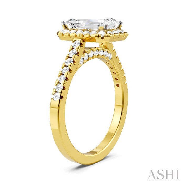 1/2 Ctw Emerald Shape Round Cut Diamond Halo Semi-Mount Engagement Ring in 14K Yellow Gold