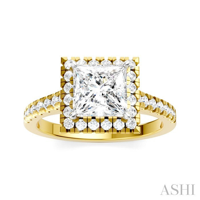 1/2 Ctw Princess Shape Round Cut Diamond Halo Semi-Mount Engagement Ring in 14K Yellow Gold
