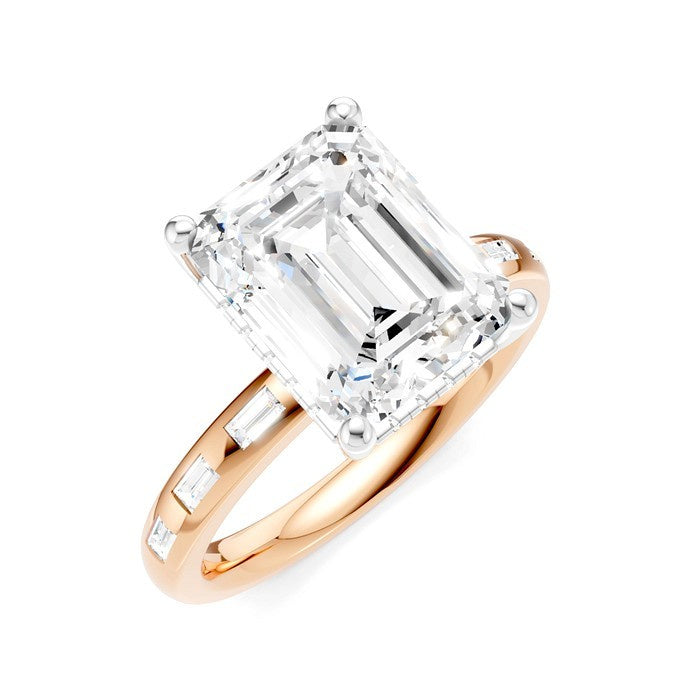 1/3 Ctw Emerald Shape Baguette and Round Cut Diamond Semi-Mount Engagement Ring in 14K Rose and White Gold