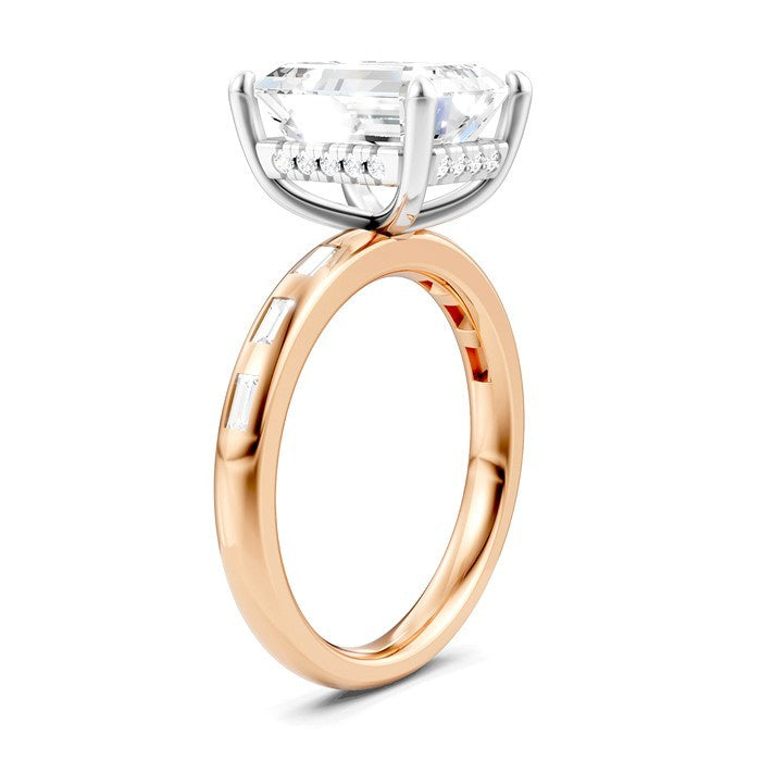 1/3 Ctw Emerald Shape Baguette and Round Cut Diamond Semi-Mount Engagement Ring in 14K Rose and White Gold