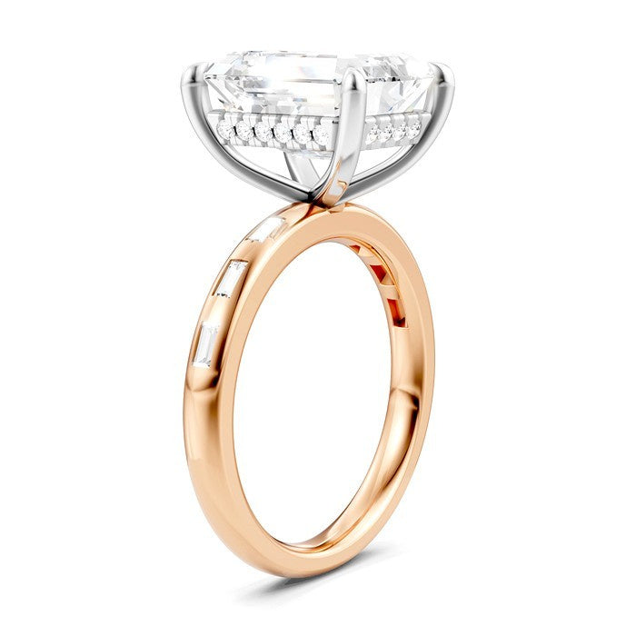 1/3 Ctw Emerald Shape Baguette and Round Cut Diamond Semi-Mount Engagement Ring in 14K Rose and White Gold