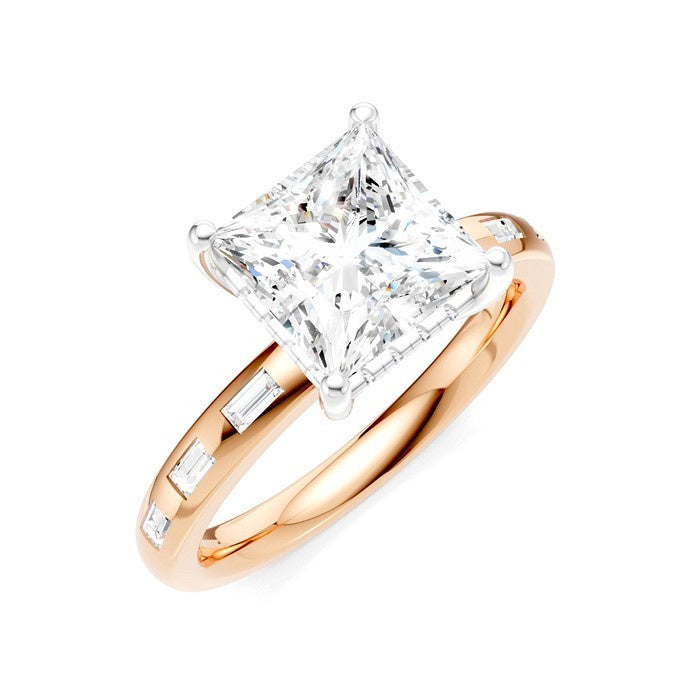 1/3 Ctw Akari Princess Shape Baguette and Round Cut Diamond Semi Mount Engagement Ring in 14K Rose and White Gold