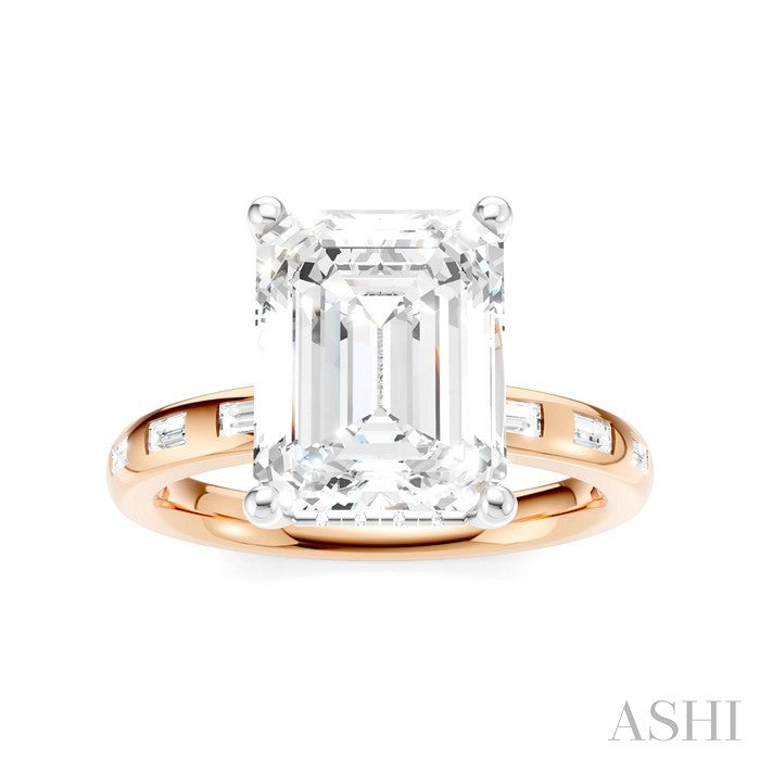 1/3 Ctw Emerald Shape Baguette and Round Cut Diamond Semi-Mount Engagement Ring in 14K Rose and White Gold