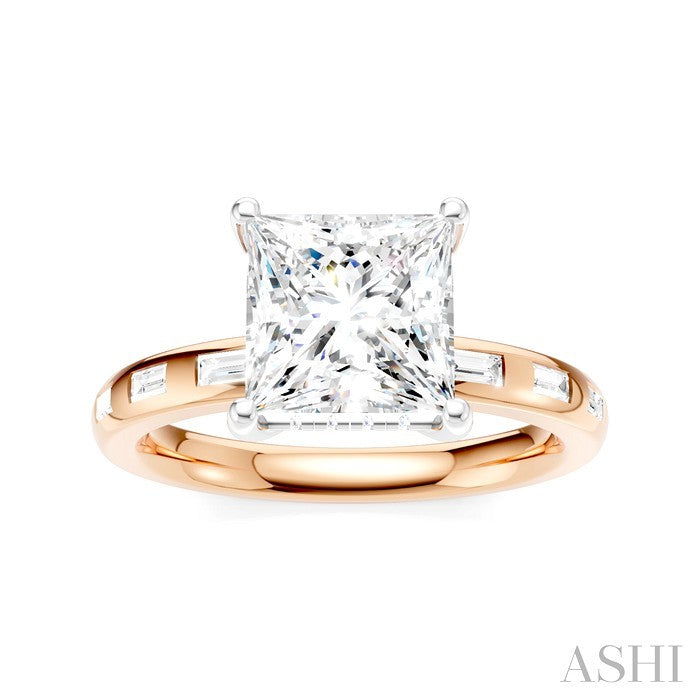 1/3 Ctw Akari Princess Shape Baguette and Round Cut Diamond Semi Mount Engagement Ring in 14K Rose and White Gold