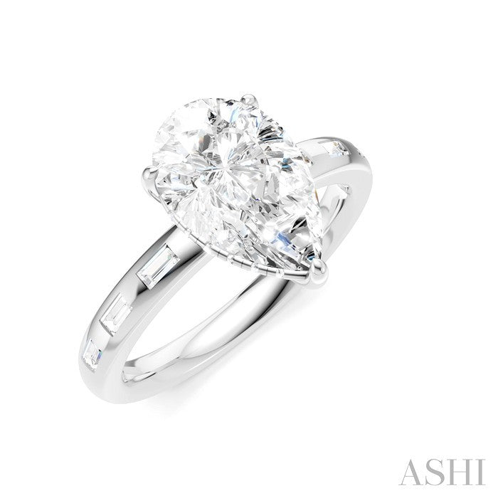 1/3 Ctw Akari Pear Shape Baguette and Round Cut Diamond Semi Mount Engagement Ring in 14K White Gold
