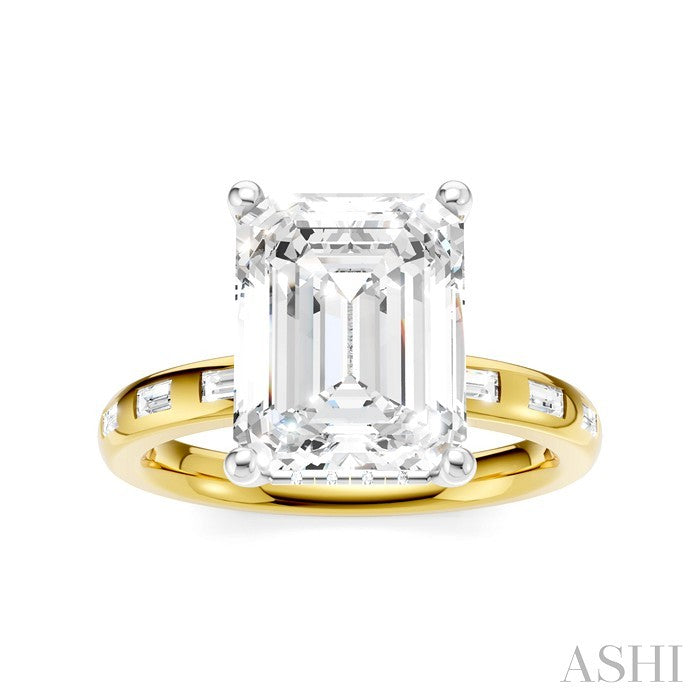 1/3 Ctw Emerald Shape Baguette and Round Cut Diamond Semi-Mount Engagement Ring in 14K Yellow and White Gold