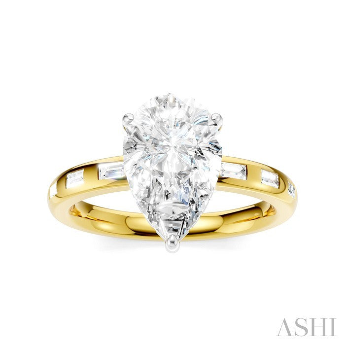 1/3 Ctw Akari Pear Shape Baguette and Round Cut Diamond Semi Mount Engagement Ring in 14K Yellow and White Gold