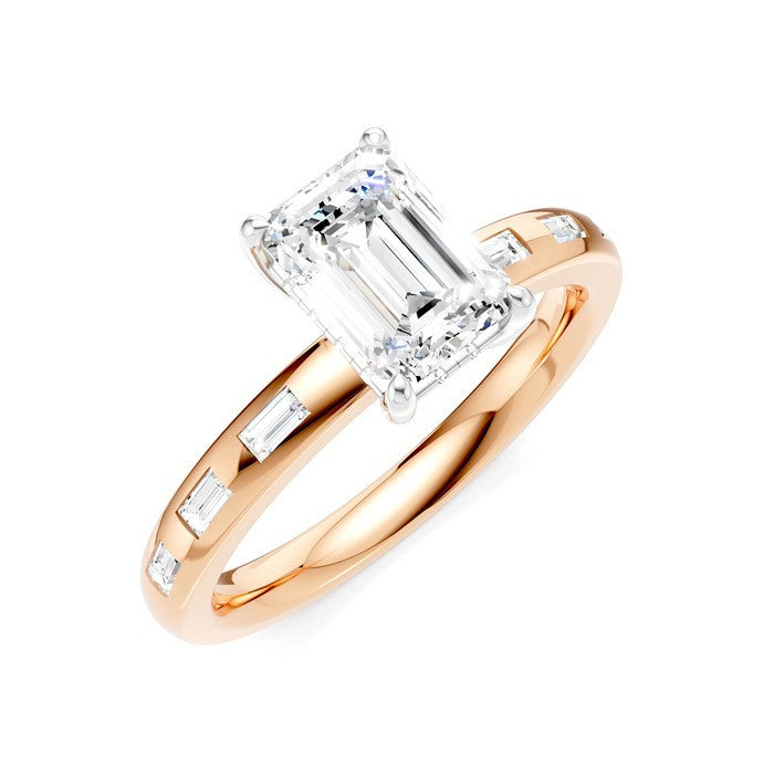 1/4 Ctw Emerald Shape Baguette and Round Cut Diamond Semi-Mount Engagement Ring in 14K Rose and White Gold