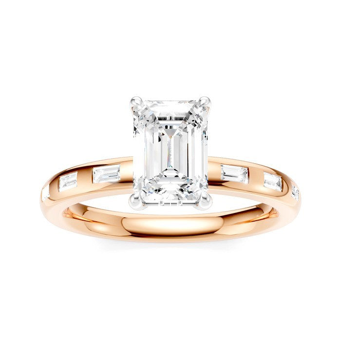 1/4 Ctw Emerald Shape Baguette and Round Cut Diamond Semi-Mount Engagement Ring in 14K Rose and White Gold