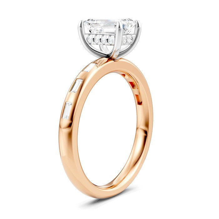 1/4 Ctw Emerald Shape Baguette and Round Cut Diamond Semi-Mount Engagement Ring in 14K Rose and White Gold
